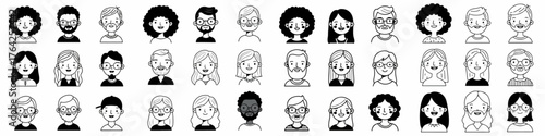 Black and white line art set of diverse human avatars showing various ages, genders, and styles for user profile icons or team members.