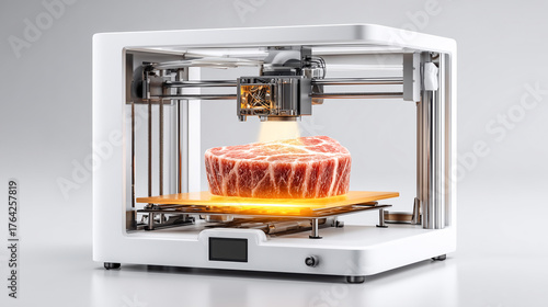 3d printer food printer alternative protein meat substitute vegan steak plant based cultured meat food technology kitchen lab modern appliance shaped marbled steak with glowing build plate