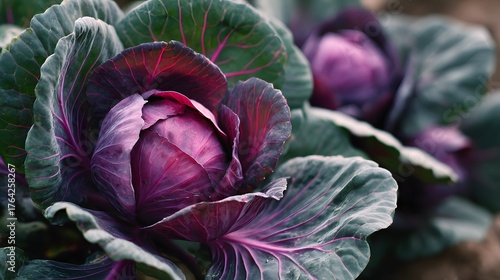Close up view shows two vibrant purple cabbages growing in rich soil