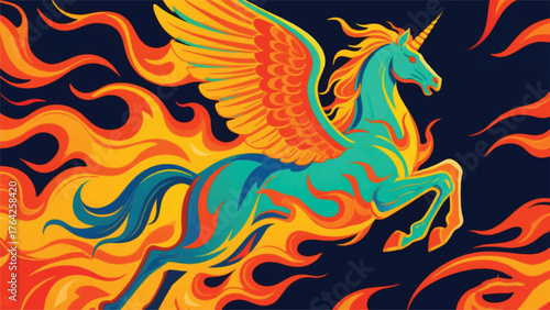 Hot Fire Fantasy Pegasus Horse Illustrator Artwork Banner Background Design Template 