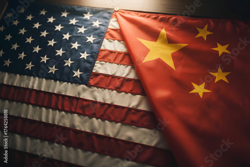 closeup of usa flag and china flag at bilateral meeting backdrop