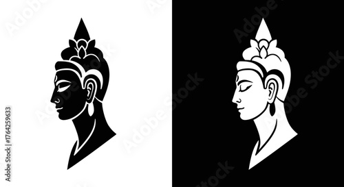 A serene profile of a Southeast Asian deity or Buddha in black and white, with an ornate crown and peaceful expression.