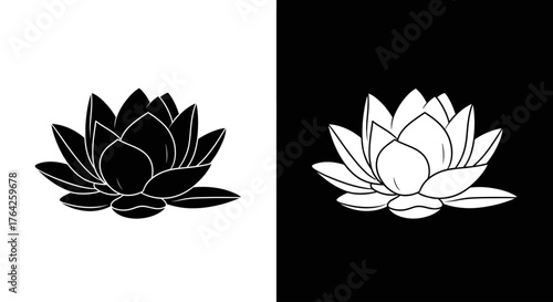 A minimalist graphic of a lotus flower shown in both black on white and its white inverse on black.