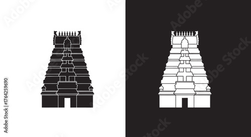 Stylized silhouette of a multi-tiered Indian temple tower, presented in both black on white and white on black, showcasing intricate architectural details.