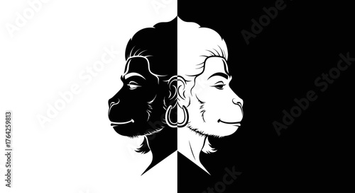 A striking illustration featuring a split-faced depiction of a monkey-like deity, showcasing contrasting light and dark sides.