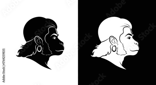 A stylized illustration of a monkey's profile, presented in contrasting black and white versions.