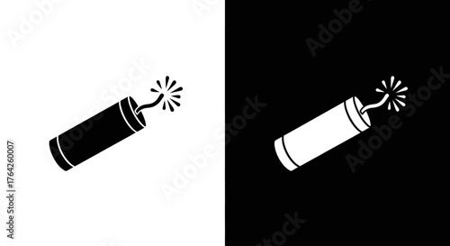 A simple, stylized illustration of a lit stick of dynamite with a glowing fuse, presented in both black on white and white on black versions.