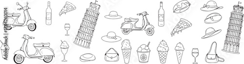 Collection of iconic landmarks and vehicles hand-drawn sketch style for travel and transportation themes vector