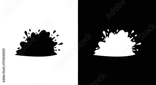 Dynamic black and white graphic representations of a liquid splash, showcasing fluid motion and energetic dispersal against contrasting backgrounds.