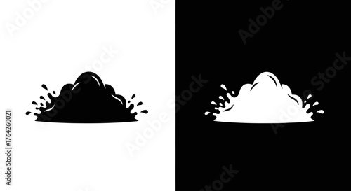 Two contrasting graphic representations of a dark, amorphous blob with splashes emanating outwards, presented in black and white on opposing backgrounds.