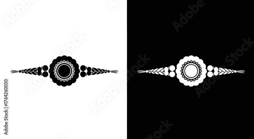 A symmetrical black and white graphic design featuring a central circular motif with radiating decorative elements on both sides, presented in negative and positive forms.
