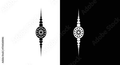 Symmetrical vertical designs featuring a central spoked wheel surrounded by decorative beads, presented in contrasting black and white.