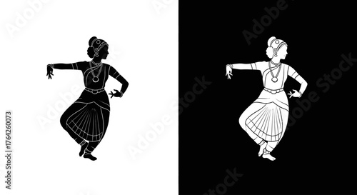 Graphic illustration of a woman performing traditional Indian classical dance in silhouette and outline styles.