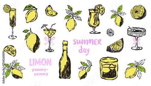 A vector set of healthy lemon juice hand drawn icons.summer vibes artwork