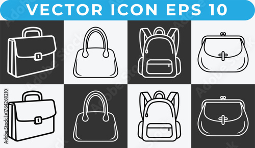 Collection of stylish handbags and luggage icons for fashion and travel designs