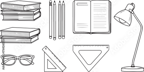 Collection of educational and creative supplies featuring books pencils notebook desk lamp and glasses vector