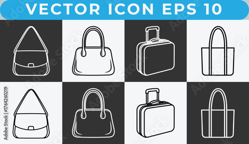 Set of four hand-drawn style bags icons including briefcase backpack and purse