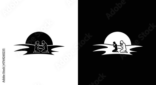 Silhouette illustration depicting two figures kneeling, possibly in prayer, with a sunset backdrop.