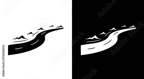 A simple black and white graphic icon of a winding road curving through a mountainous landscape, presented in both positive and negative versions.