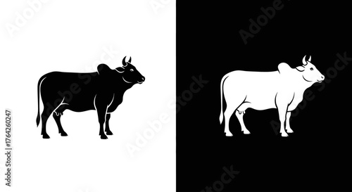 A minimalist black and white graphic illustration of a zebu, presented as a silhouette in both positive and negative space.