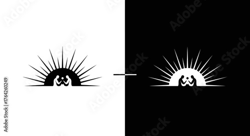 A minimalist logo design of two people silhouetted against a radiant sunrise, shown in black and white variations.