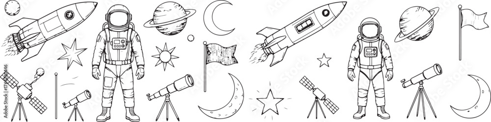 Collection of hand drawn robot characters and sci-fi elements in a sketchy style vector