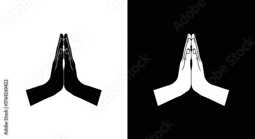 A black and white graphic illustration of praying hands, showing both positive and negative space versions of the Namaste gesture.