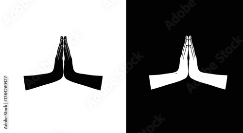 Two contrasting black and white representations of hands pressed together in a prayer or greeting gesture, symbolizing respect and unity.