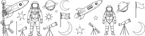 Collection of hand drawn robot characters and sci-fi elements in a sketchy style vector