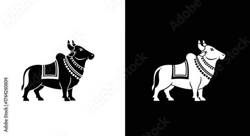 Stylized black and white illustrations of a decorated bull, presented side-by-side on contrasting backgrounds.