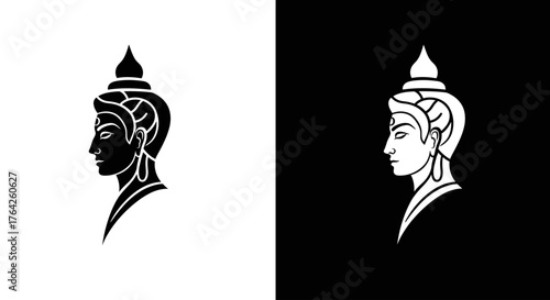 Stylized black and white profiles depicting the serene head of Buddha, featuring traditional ushnisha and elongated ears.