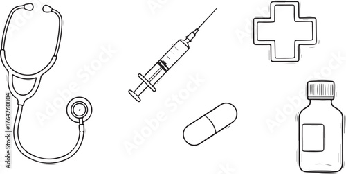 Hand-drawn medical icons stethoscope syringe capsule cross and medicine bottle for healthcare and wellness concepts vector