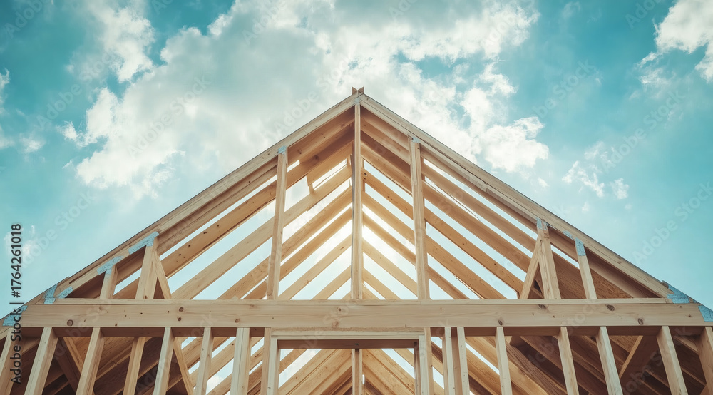Fototapeta premium Wooden house frame stands under blue sky with sunlight shining through, highlighting construction progress and natural materials.