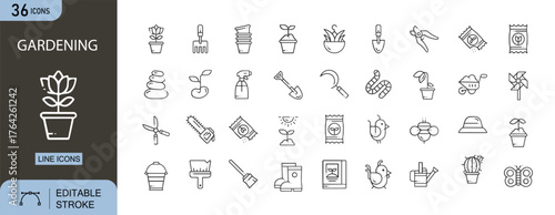 Gardening icons set. Includes icons for plant, flower, watering can, shovel, pot, tree, seeds, gloves, lawn mower, and sunlight. Editable stroke. Line icons. Perfect for infographics.