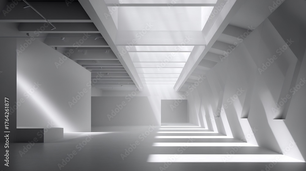 Naklejka premium Abstract Architecture: Light and Shadow Play in a Modern Hallway with Geometric Shapes and Strong Contrasts