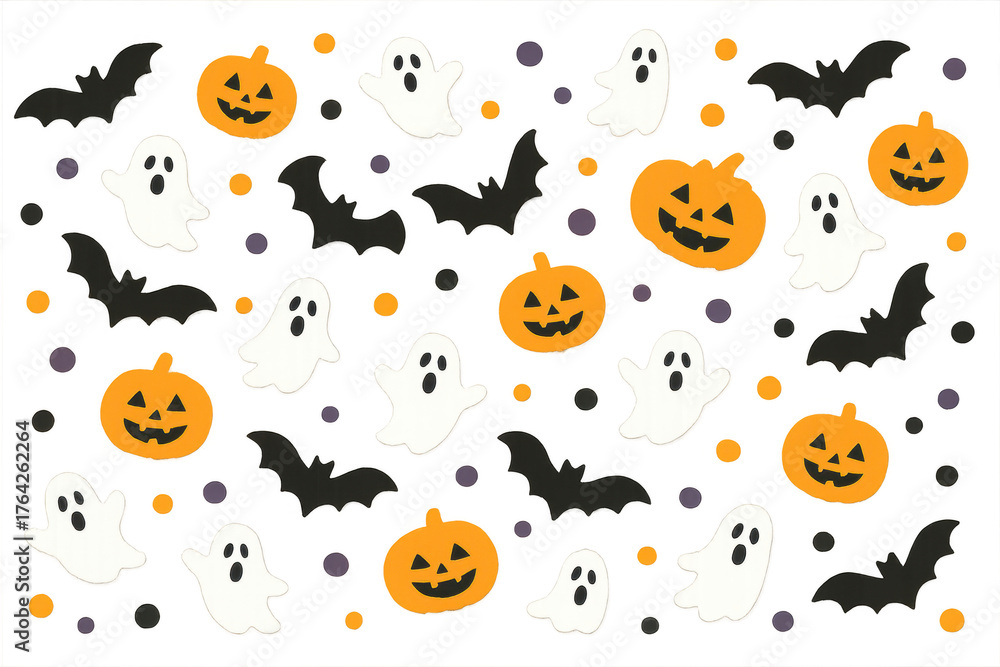 Fototapeta premium Halloween seamless pattern with ghosts, bats, pumpkins