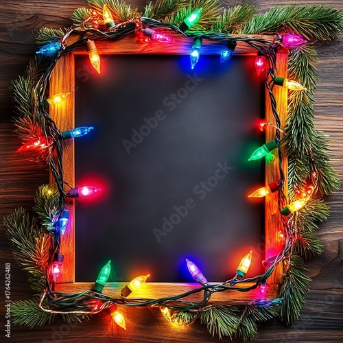 Empty Chalkboard Framed by Colorful Christmas Lights