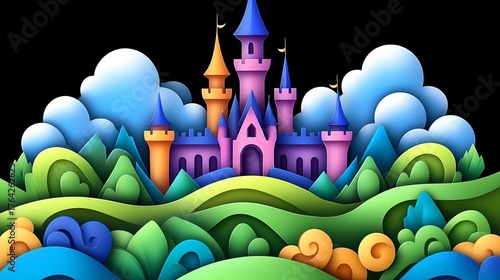 Colorful Castle Surrounded by Rolling Hills