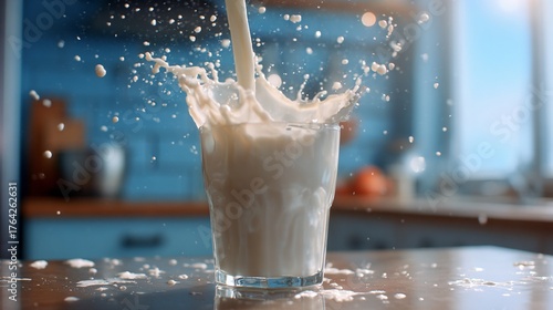 Fresh Milk Splash Pouring into Glass on Wooden Table