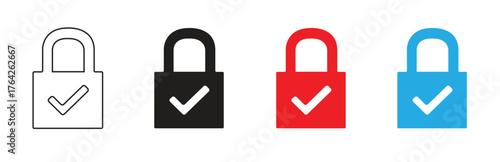 Vector art of collection of four padlock icons with checkmarks in different colors including outline, black, red, and blue