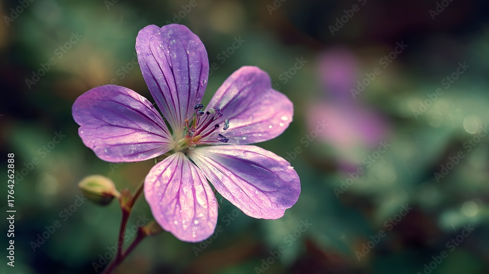 Fototapeta premium Delicate purple wildflower displays fine veins and small droplets in soft natural light