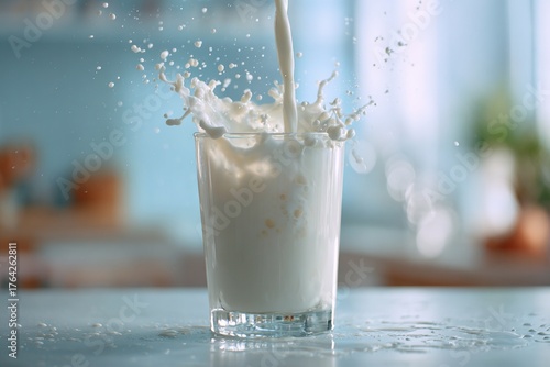 Fresh Milk Splash Pouring into Glass on Wooden Table