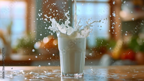 Fresh Milk Splash Pouring into Glass on Wooden Table