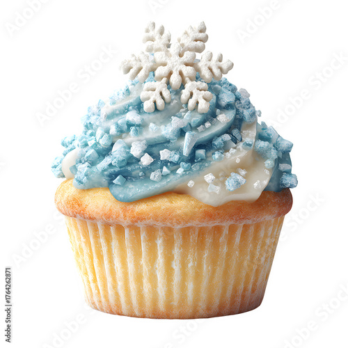 Blue frosted cupcake with snowflake decorations isolated on transparent background