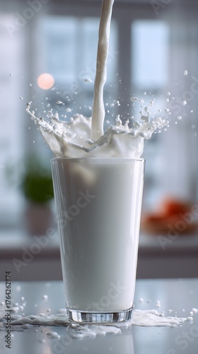Fresh Milk Splash Pouring into Glass on Wooden Table