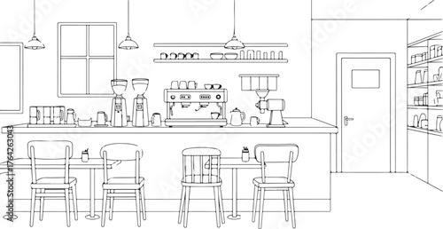 Architectural sketch of a modern kitchen island with stools bar countertop and cabinetry in a daylight interior vector