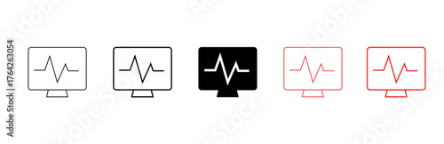 Vector art of group of five monitor screen icons displaying a waveform or heartbeat line, in outline, black, and red styles, indicating data or health monitoring
