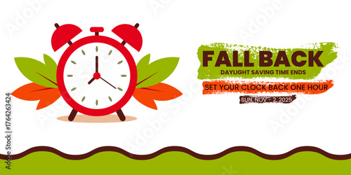 Creative fall back concept design banner vector for daylight saving time reminder