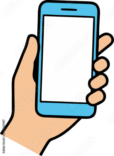 Cartoon Hand Holding Smartphone Vector Illustration – Blue Phone, Minimal Style, Clean Isolated Icon