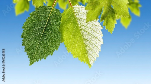 Macro dual leaves with blue-green gradient veins, central copy-space banner for eco poster or green brand cover